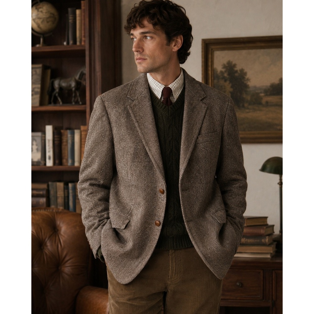 Vintage Wool Blend Herringbone Blazer Taupe Academia Professor Estimated‎ 44R